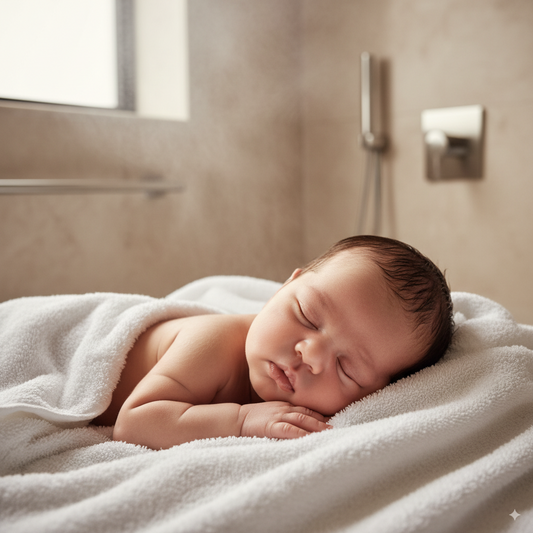 Mother bathing baby in Dubai with SOAH premium Vitamin C shower head for gentle skin protection