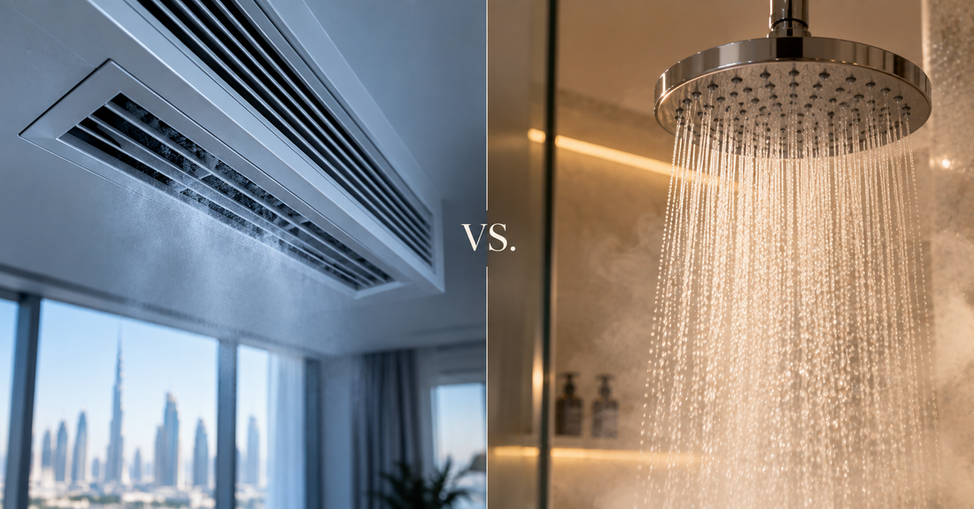 Indoor air conditioning vent and bathroom shower illustrating two common factors that can contribute to dry skin in Dubai.
