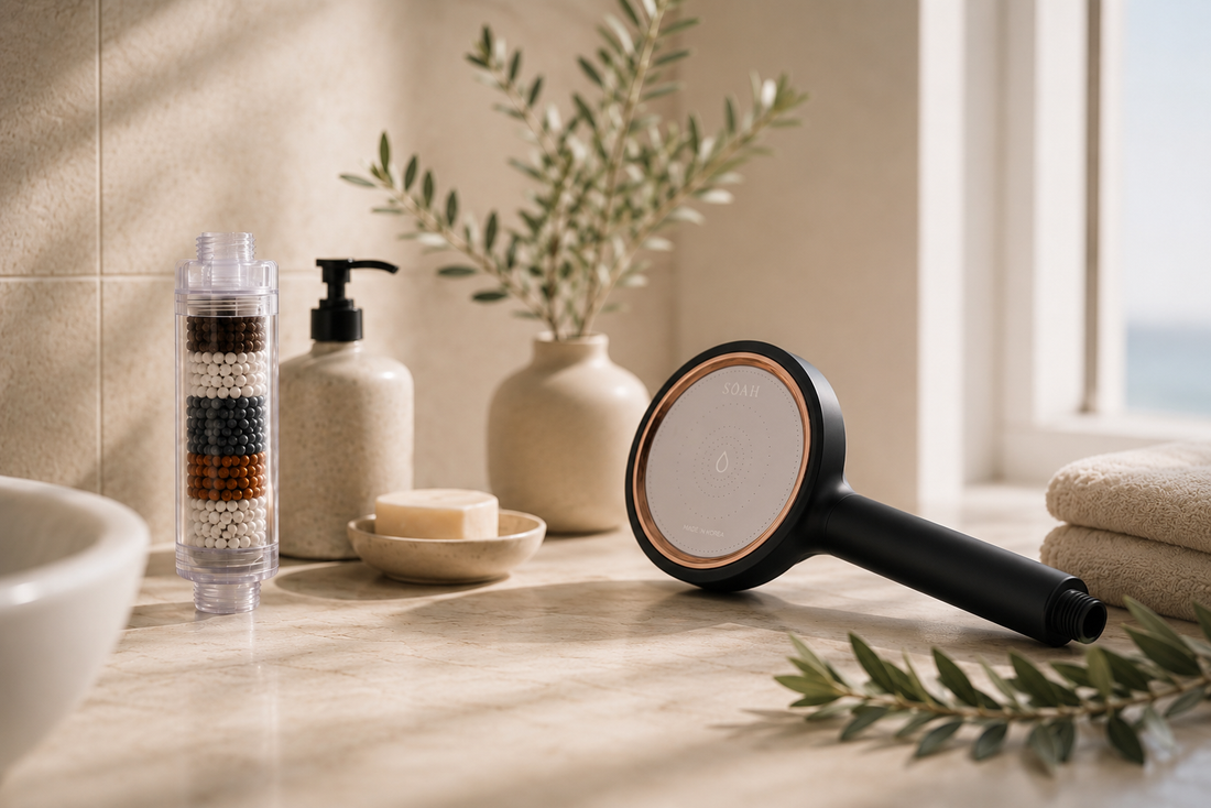 Premium filtered shower head in a modern UAE bathroom designed for chlorine reduction, strong pressure and daily shower comfort