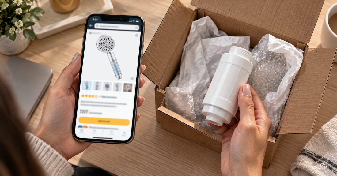Shower filter packaging beside an online shopping screen, illustrating how to compare listings on Amazon UAE.