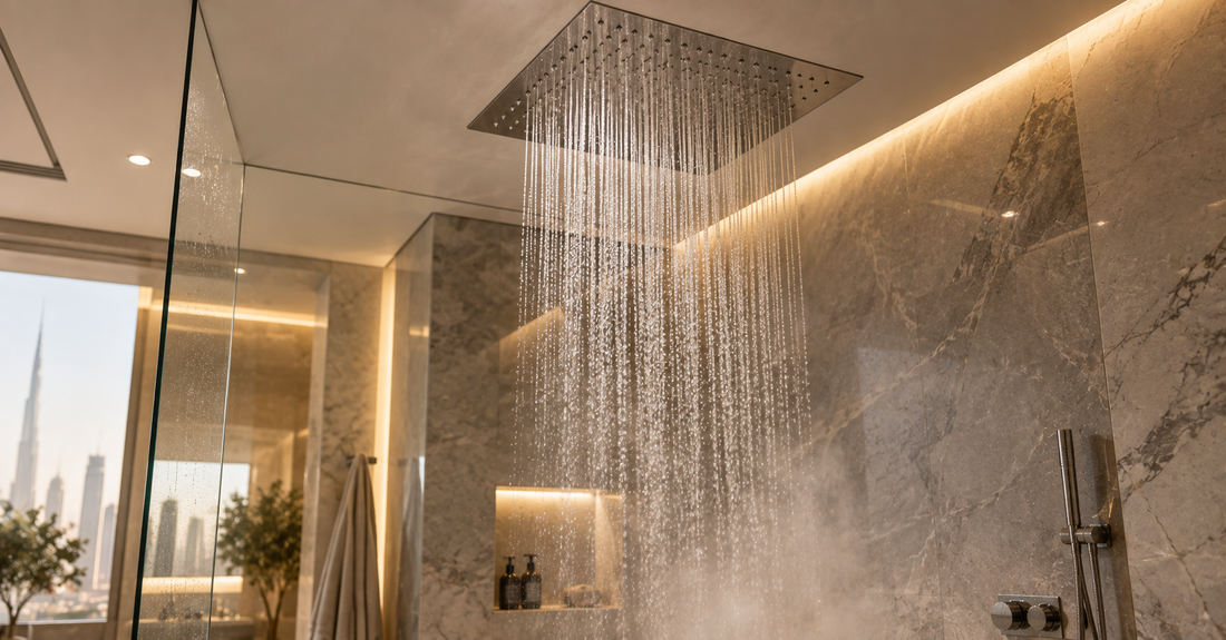 Modern ceiling rain shower in a bathroom, illustrating filtration options available for UAE homes.