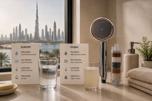 Dubai apartment bathroom shower explaining why UAE shower water feels different from Europe for hair and skin routines