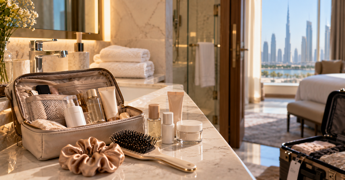 Traveller unpacking bathroom essentials in a Dubai hotel, illustrating ways to care for hair and skin during a short stay.