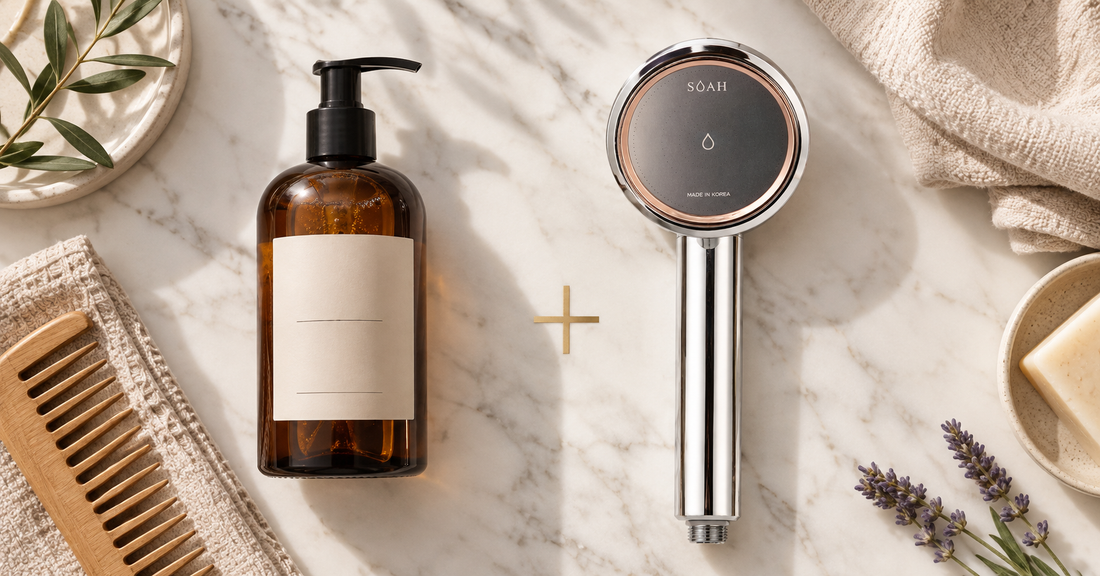 Hard water shampoo beside a SOAH shower filter, comparing two approaches to managing shower water quality.