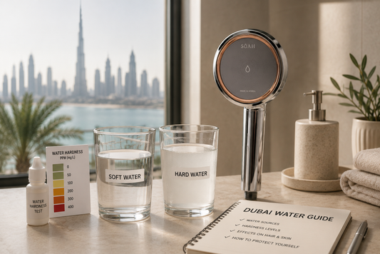Dubai apartment bathroom with shower water guide for UAE residents concerned about hair dryness and skin feel