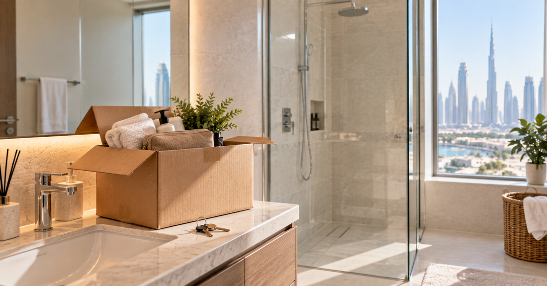Bathroom essentials arranged neatly for someone setting up a new home in Dubai.