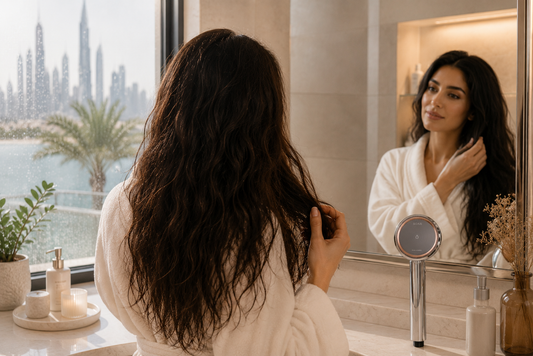 Woman managing frizzy hair in Dubai humid weather with a gentle shower and hair care routine
