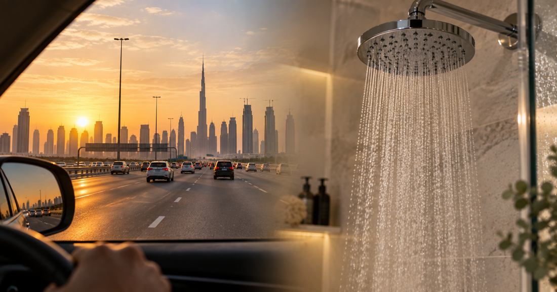 Modern bathroom illustrating shower water considerations for people commuting between Dubai and Sharjah.