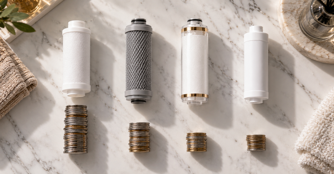 Replacement shower filter cartridges arranged side by side, illustrating long-term ownership costs.