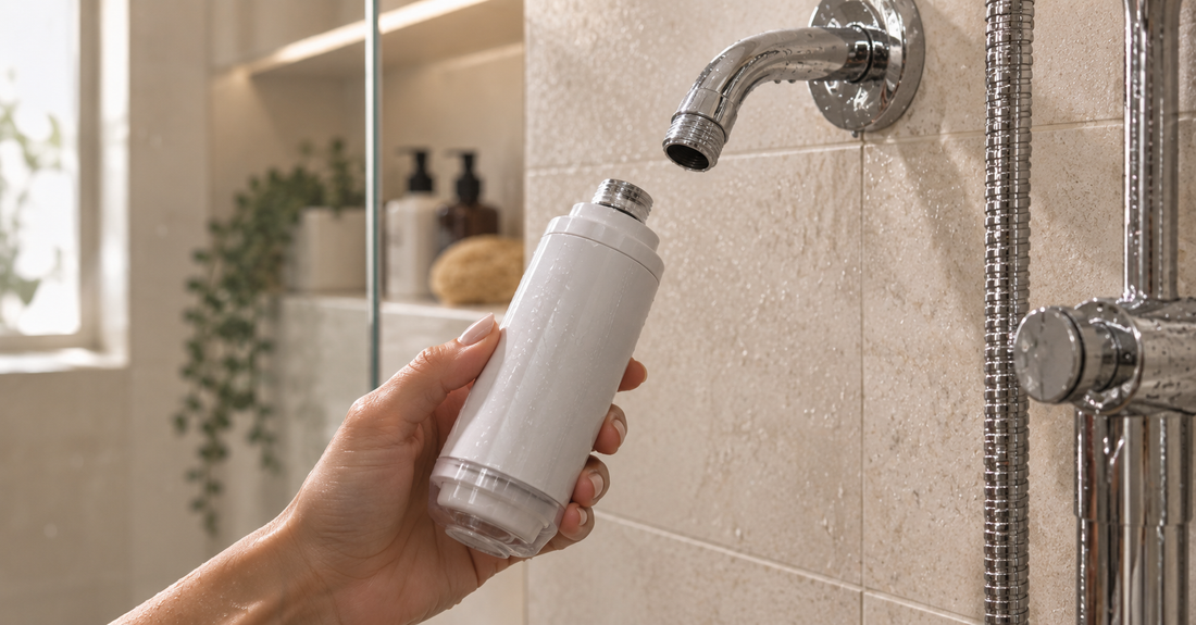 Inline shower softener and shower filter components, illustrating the differences between the two systems.