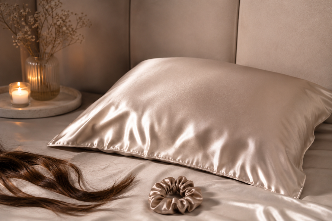 Silk pillowcase used in a night hair care routine to help reduce friction, frizz and hair breakage while sleeping