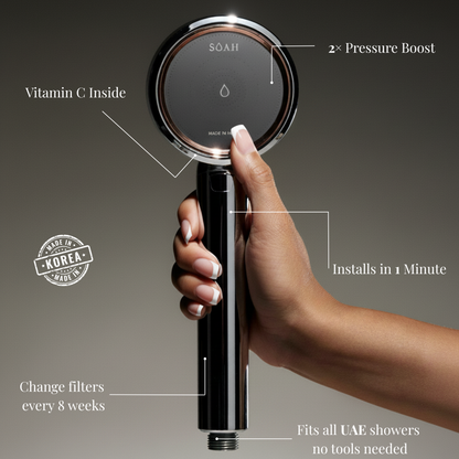 Hand holding the SOAH chrome shower head with educational overlay text: 2× Pressure Boost, Vitamin C inside, installs in 1 minute, fits UAE showers, change filters every 8 weeks.