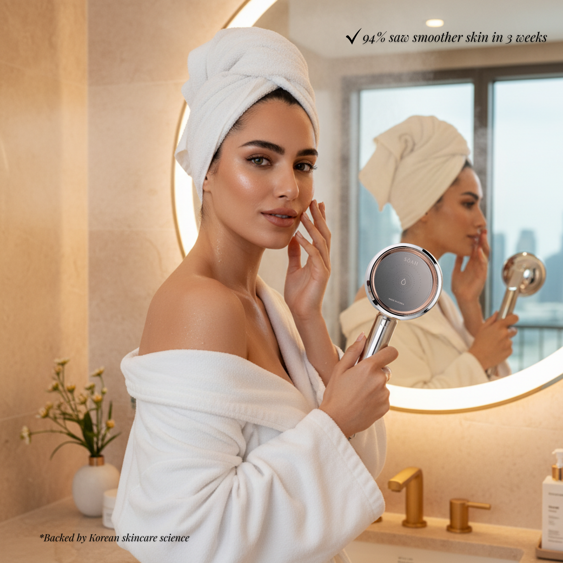 Woman with glowing skin in a towel using SOAH Vitamin C shower head in a luxury bathroom.