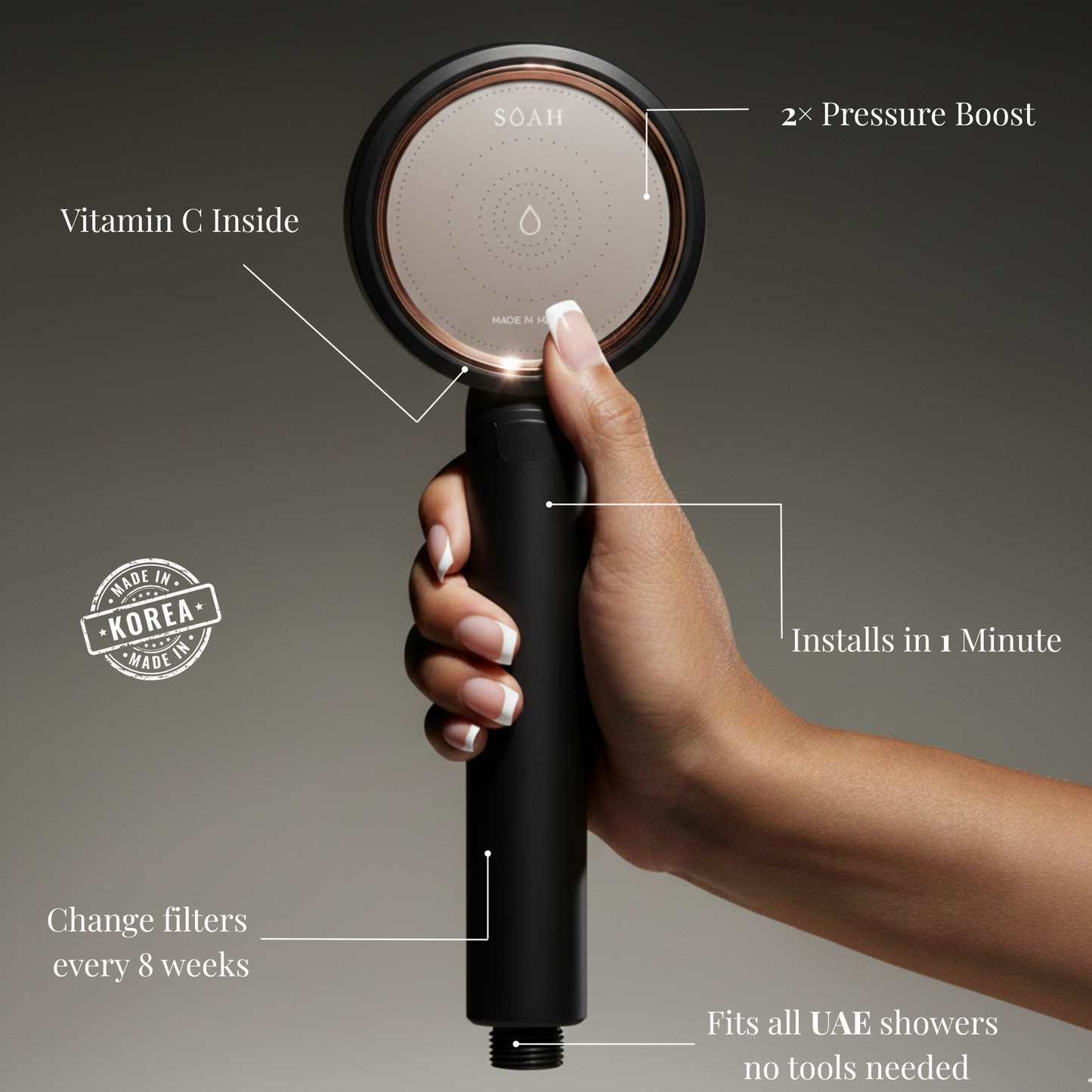 Hand holding the SOAH Black Edition Vitamin C shower head with callouts highlighting its benefits: 2× water pressure boost, easy 1-minute installation, filter change every 8 weeks, fits all UAE showers without tools, and made in Korea.
