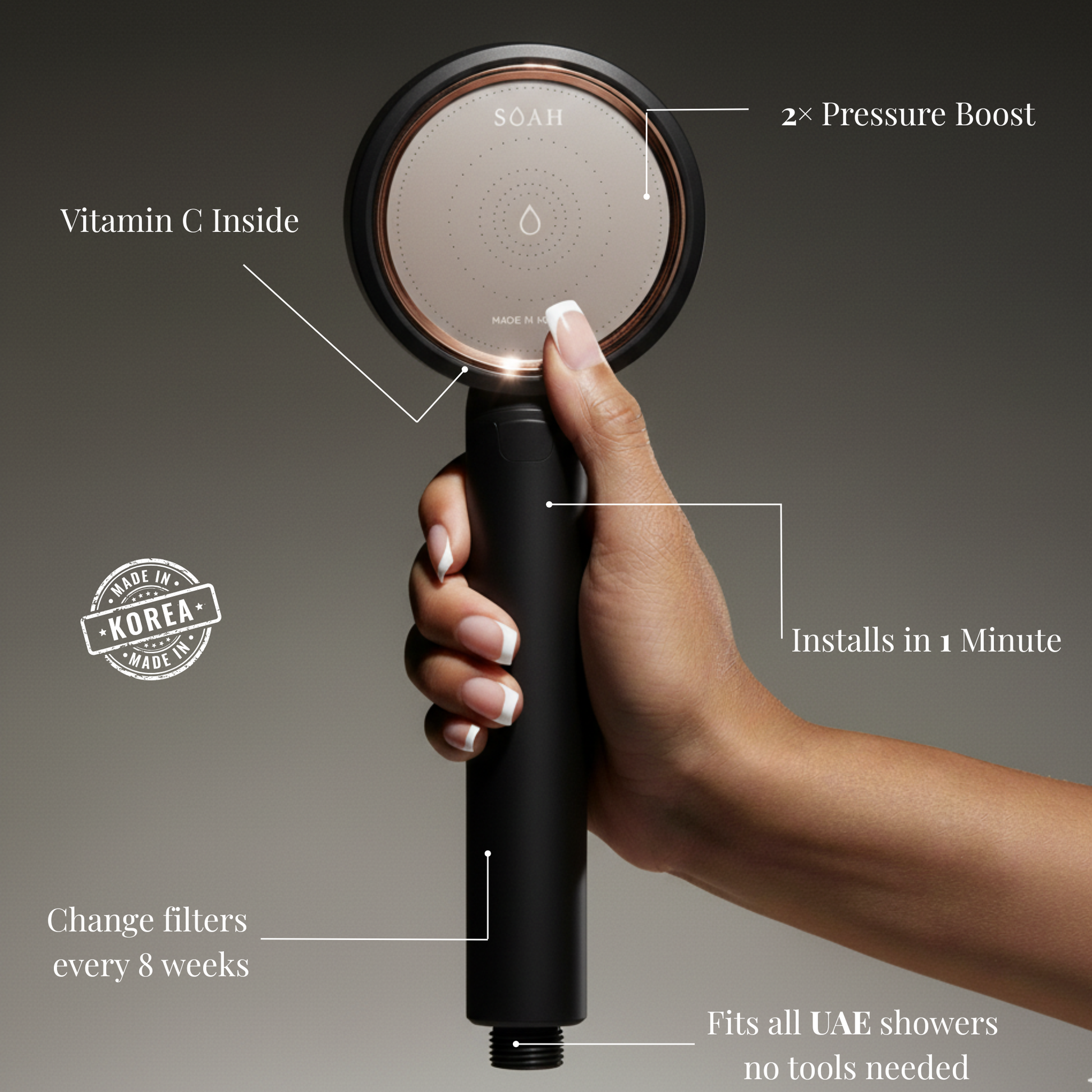 Hand holding the SOAH Black Edition Vitamin C shower head with callouts highlighting its benefits: 2× water pressure boost, easy 1-minute installation, filter change every 8 weeks, fits all UAE showers without tools, and made in Korea.