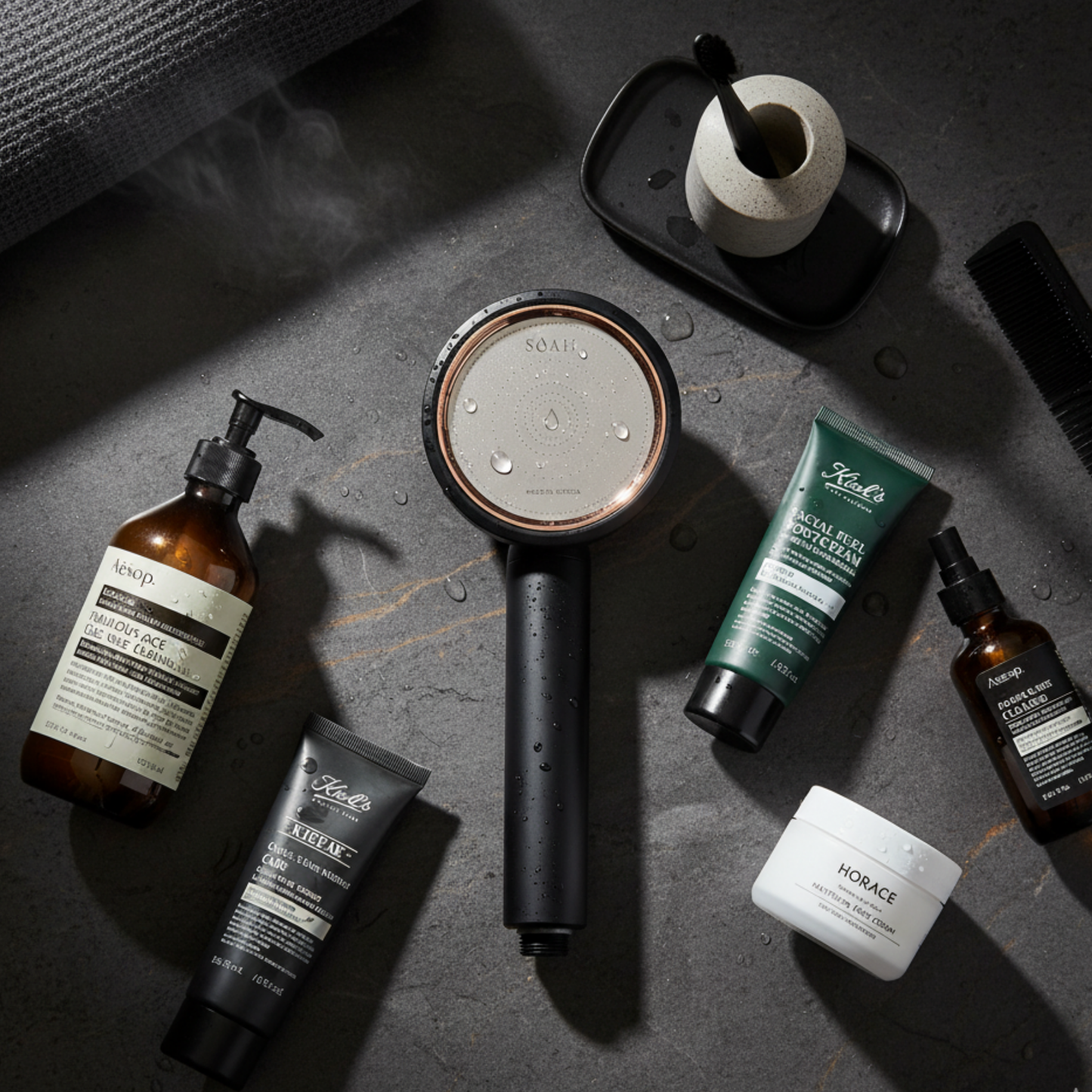 Luxury vitamin C shower head surrounded by high-end skincare brands on wet stone surface, flatlay composition