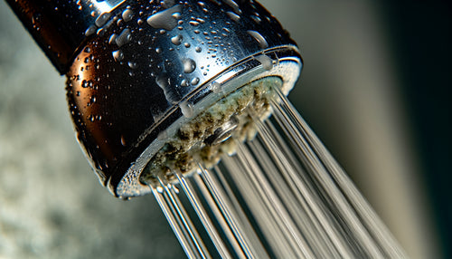 Close-up of dirty shower head with limescale buildup from hard water in Dubai