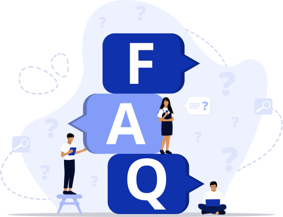 FAQ icon with question marks and people holding tablets on transparent background