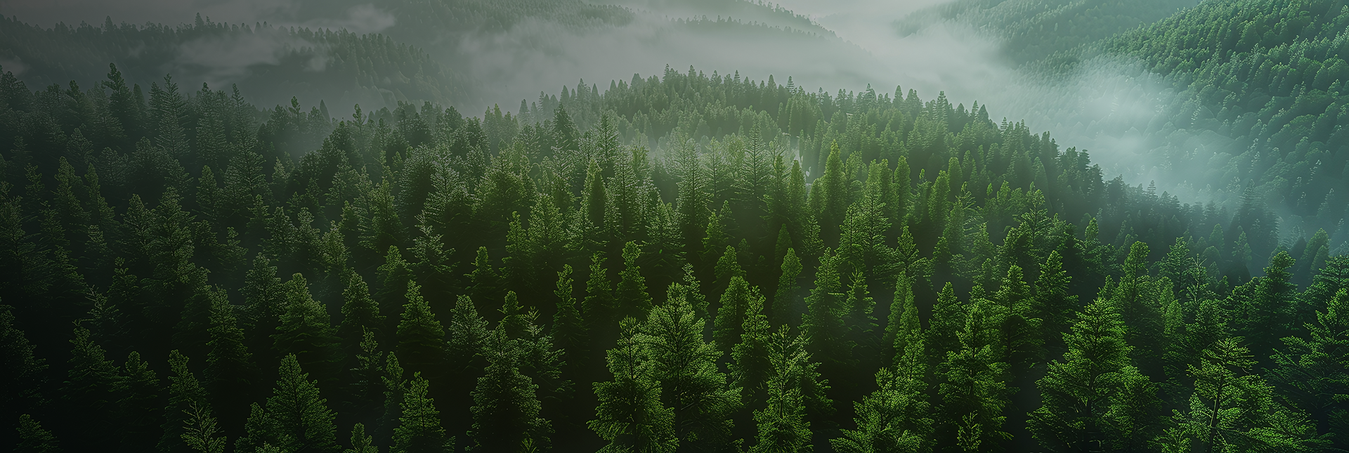 Lush green forest landscape with mist for SOAH website background