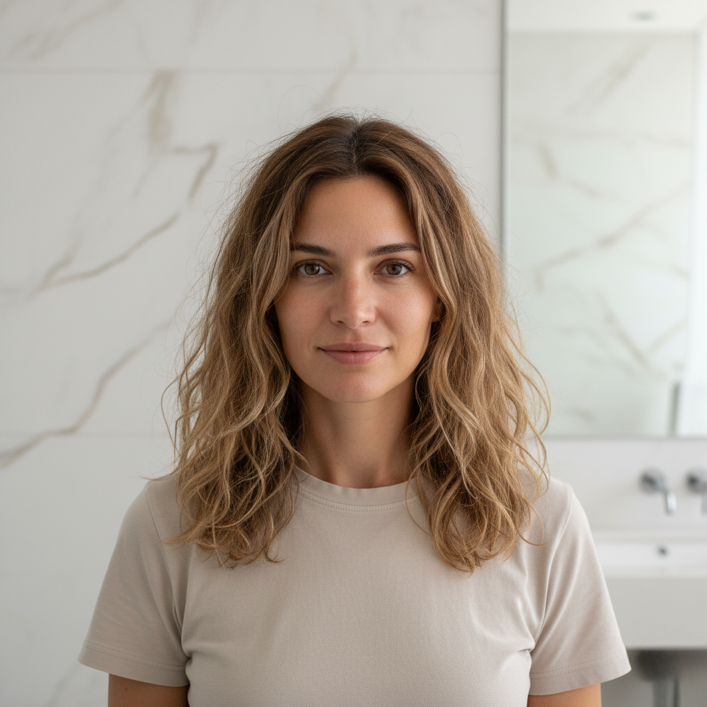 Hair texture damaged by UAE’s hard water before installing a SOAH shower filter. Dull, frizzy strands caused by chlorine, limescale, and chemical build-up.