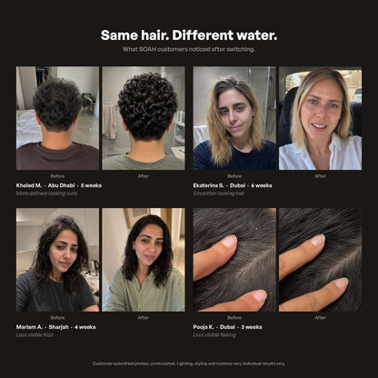 Before and after comparison showing customer hair and skin results after using the SOAH Black Edition consistently.