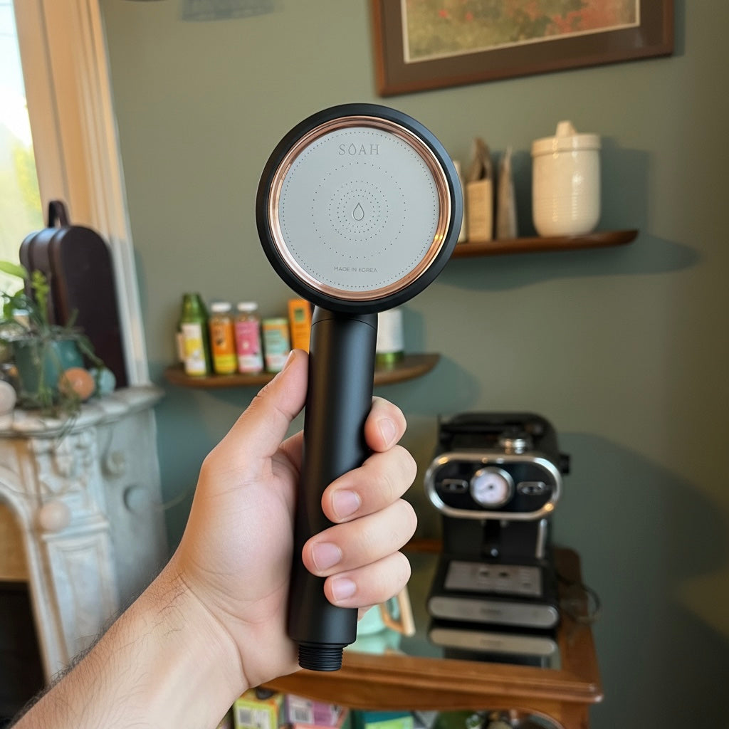 Omar from Dubai holding the SOAH Black Edition vitamin C shower head, praising its great quality, cleaner water and less dry hair compared to his old shower head