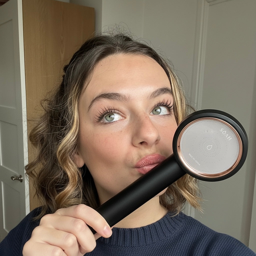 Woman holding the SOAH Black Edition vitamin C shower head and smiling, Jasmin from Palm Jumeirah sharing how her coloured, treated hair feels softer and less brittle in Dubai
