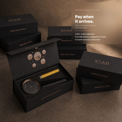 SOAH Black Edition packaging with payment methods, warranty information and premium customer reassurance before purchase.