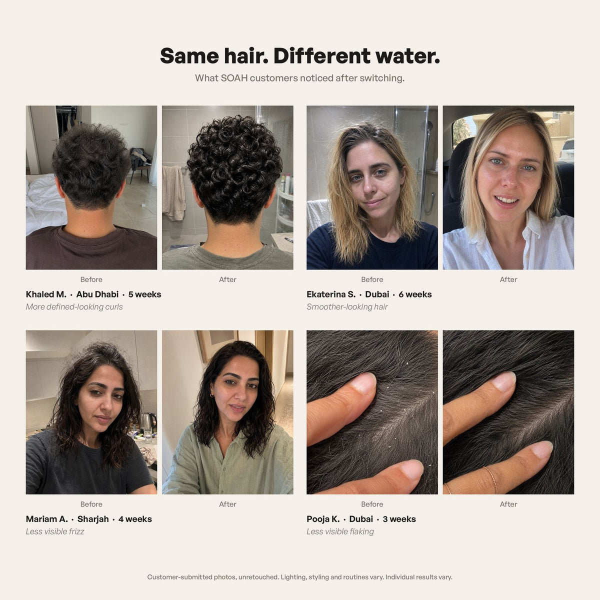 Before and after customer comparison showing hair and skin appearance after using the SOAH Chrome Edition as part of a consistent shower routine.
