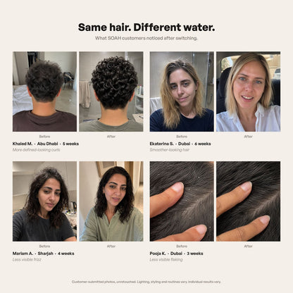 Before and after customer comparison showing hair and skin appearance after using the SOAH Chrome Edition as part of a consistent shower routine.