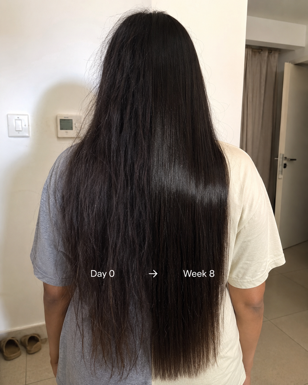 Before and after comparison showing smoother, shinier hair after eight weeks of using a SOAH filtered shower head as part of a consistent hair care routine
