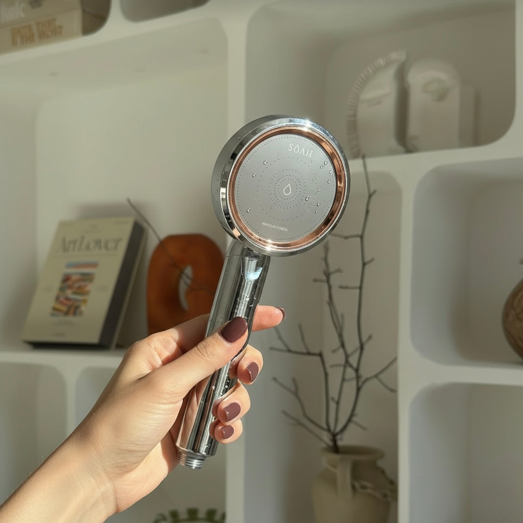 SOAH Chrome Edition vitamin C shower head held in hand, Lina from Abu Dhabi sharing relief from dry, itchy skin and scalp