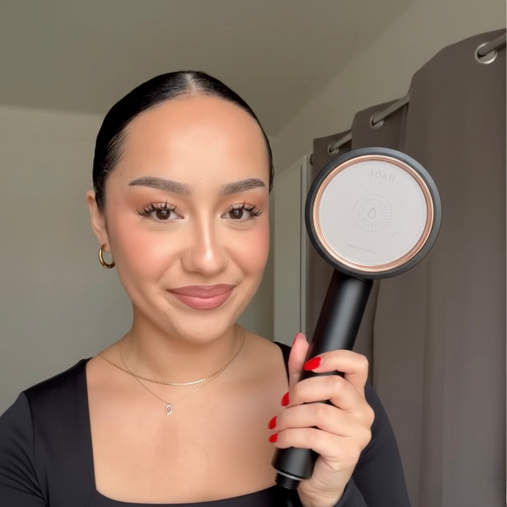 Beauty portrait of Dubai woman with smooth skin, user of SOAH vitamin C shower head