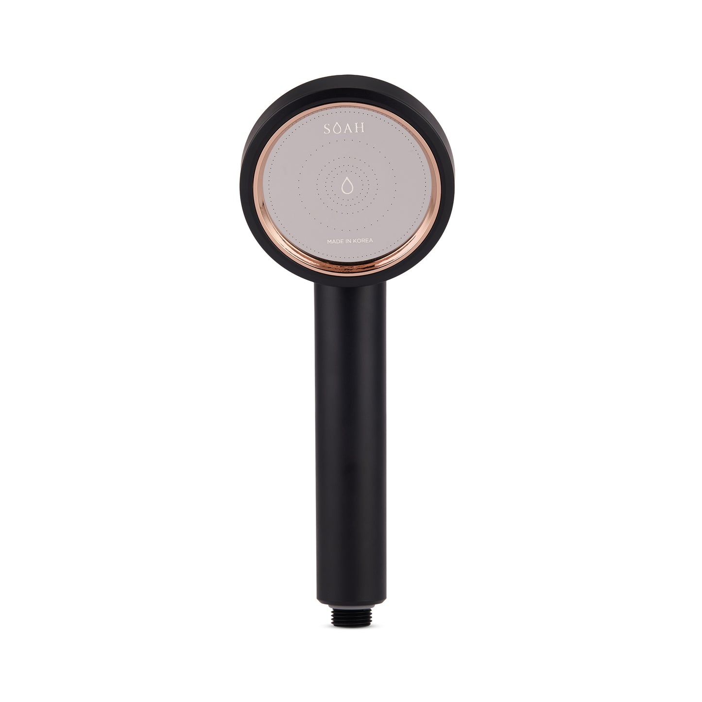 Front view of SOAH Black Edition Vitamin C shower filter with rose gold trim