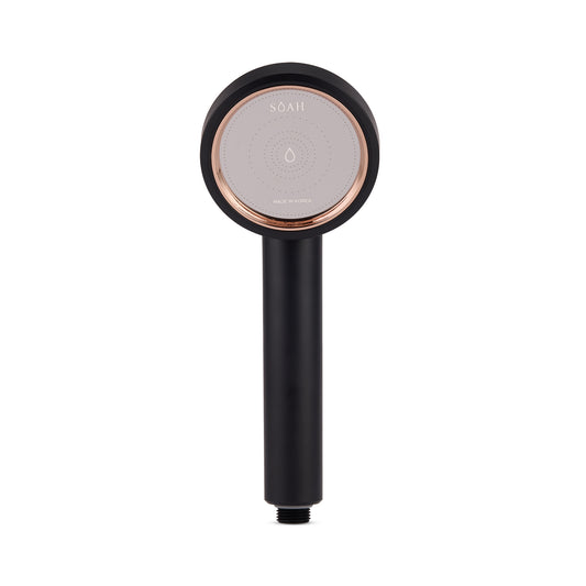 Front view of SOAH Black Edition Vitamin C shower filter with rose gold trim