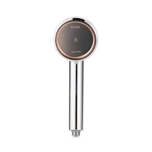 Front view of SOAH Chrome Edition Vitamin C shower filter with rose gold and silver finish