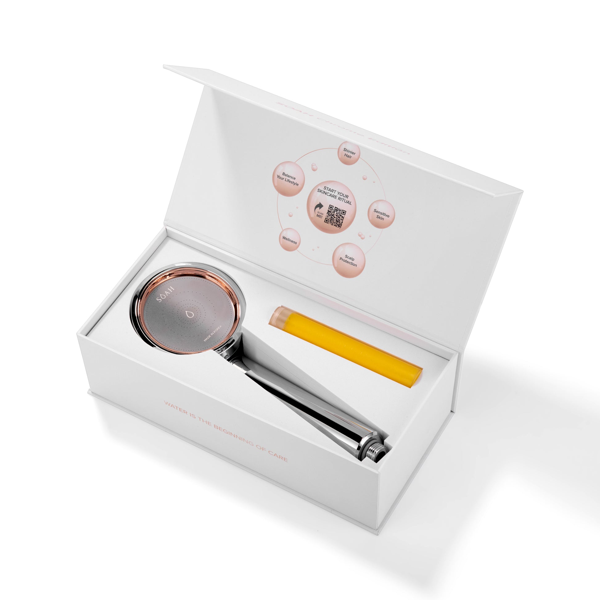 SOAH Chrome Edition Vitamin C shower filter in open white packaging with filter