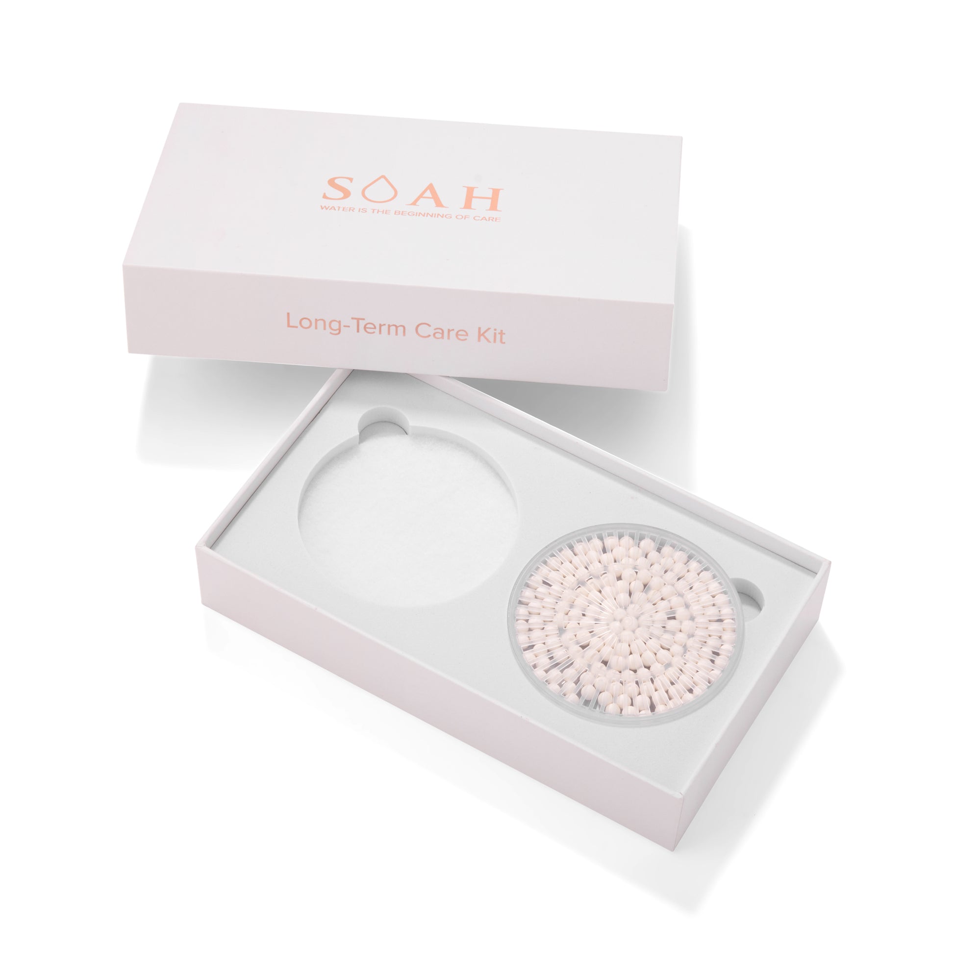 SOAH Long-Term Care Kit with antibacterial filter beads and microfiber filter in open box on white background.