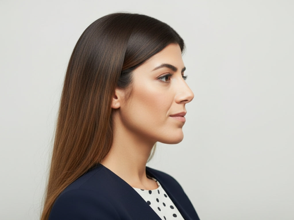 Profile of woman with smooth, shiny hair after using SOAH shower filter