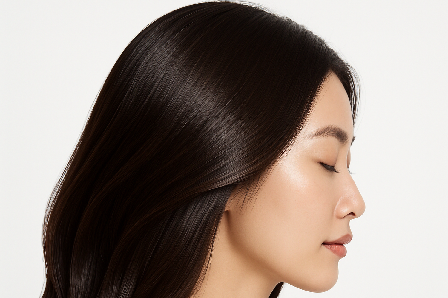 Profile of woman with smooth, shiny hair after using SOAH shower filter