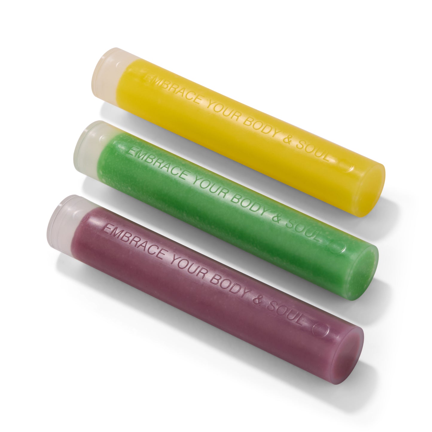 SOAH Vitamin C shower filter trio in Lemon (yellow), Green Muscat, and Tea Tree Lavender on white background
