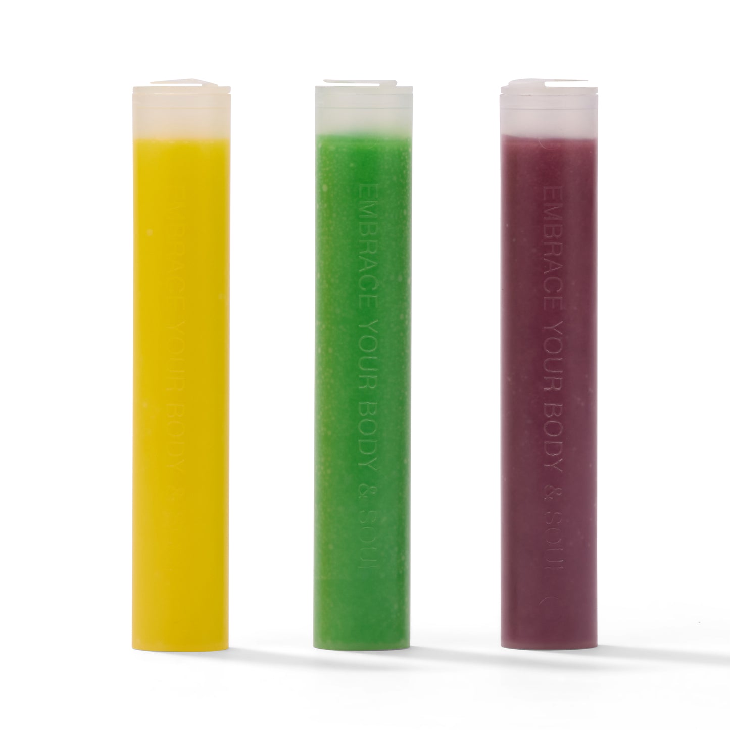 SOAH Vitamin C shower filters in Lemon (yellow), Green Muscat (green), and Tea Tree Lavender (purple) — top view on a white background.